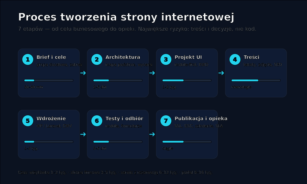 Proces tworzenia strony internetowej — 7 etapów: brief, architektura, projekt UI, treści, wdrożenie, testy, opieka